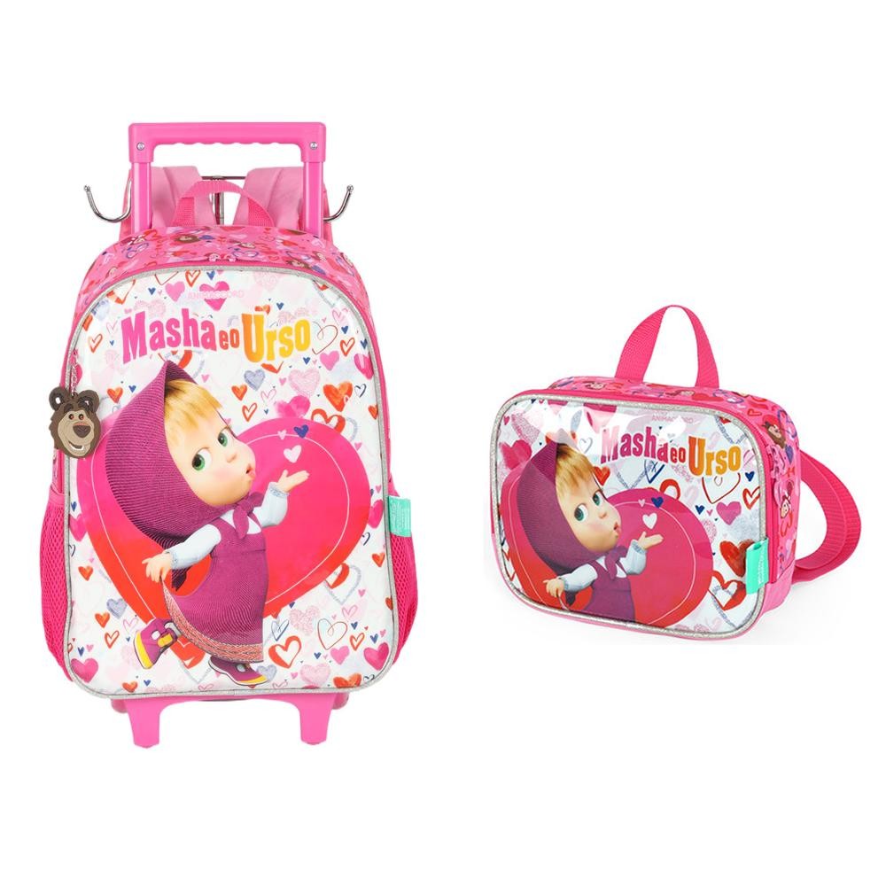 Kit Mochila Rodinhas + Lancheira Térm. Masha e o Urso Pink