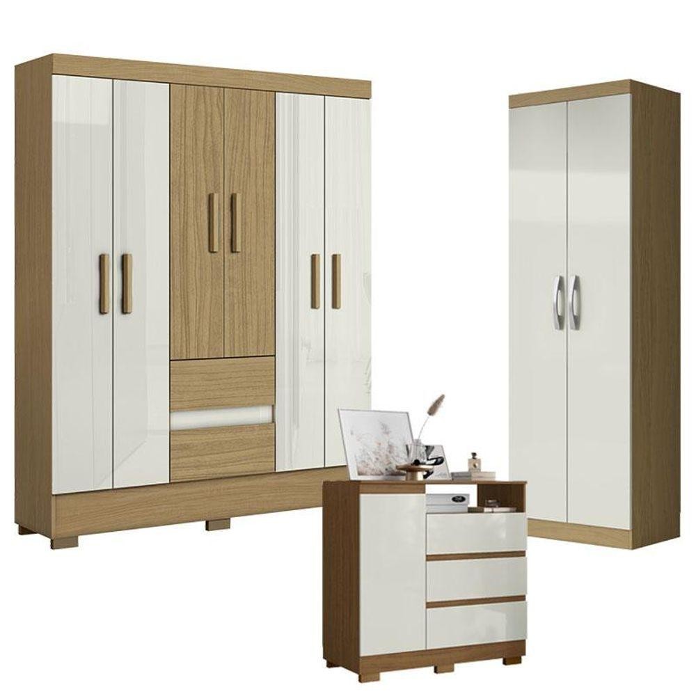 Guarda Roupa Casal Coimbra 2005138 Com Armário Multiuso New 2000192 E Cômoda 2014143 Atacama Off White - Aramóveis em Oferta na Shopee