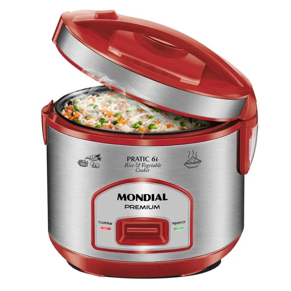 Panela Elétrica de Arroz Mondial Pratic 6i Premium Vermelho/Inox 500W 127V - PE-45-6X - Home Appliances