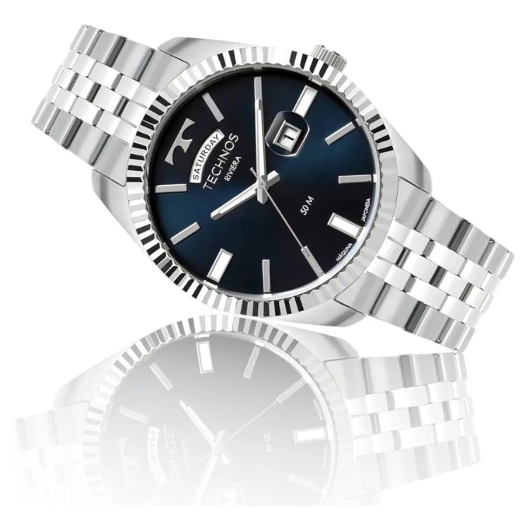 Relógio Masculino Technos Riviera Prata Fundo Azul Aço Inox à Prova d'Água Analógico Original 2350AI1A