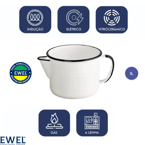 Caneca Leiteira Esmaltada com Bico 1L Ewel Fervedor Produção Sabão Velas Artesanais Fogão de Indução Elétrico à Lenha