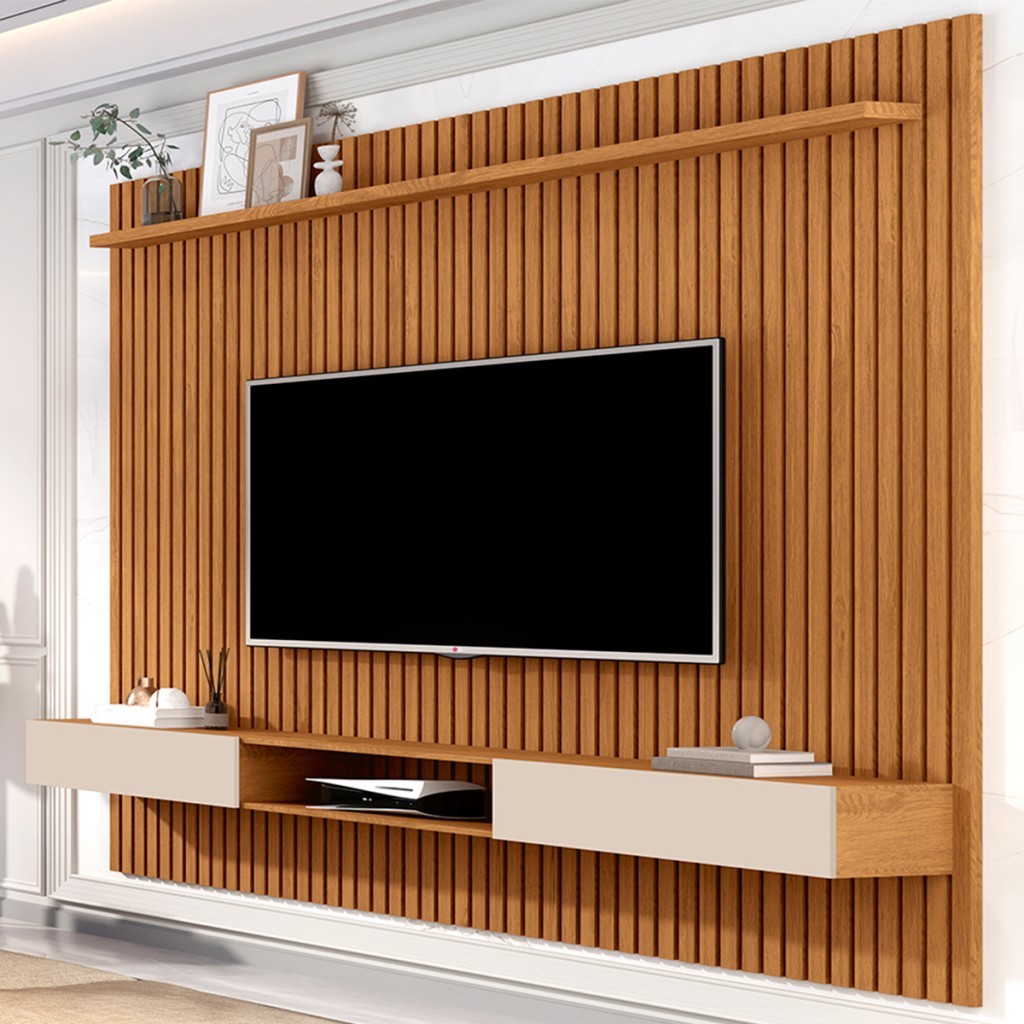 Painel para TV Até 70 Polegadas Morfeu Ripado 2 Portas 1 Prateleira Nature/Off White 690 - Pnr Móveis em Oferta na Shopee