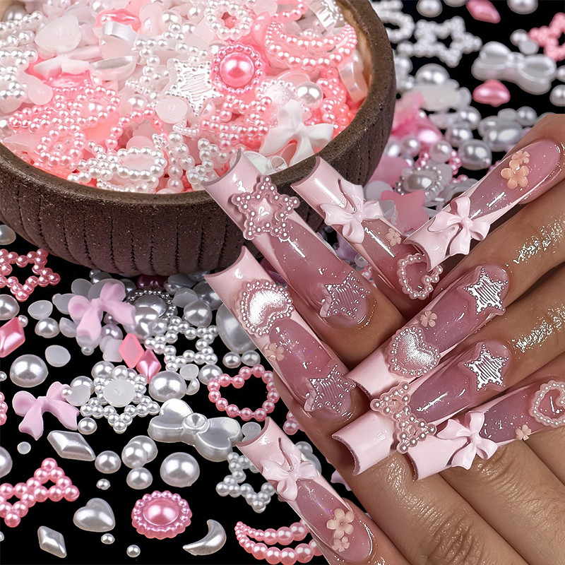 Rosa Branco Resina Oco Pérola 3D Prego Charme Acrílico Amor Coração Bowknot Pentagrama Acessórios Para Unhas