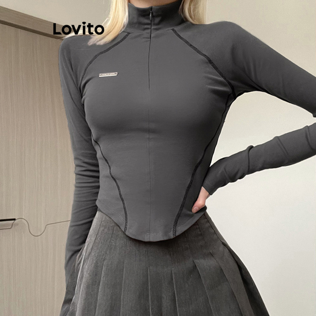 Lovito Camiseta Esportiva Esportiva Com Estrutura Lisa E Zíper Para Mulheres LNL56334 em Oferta na Shopee