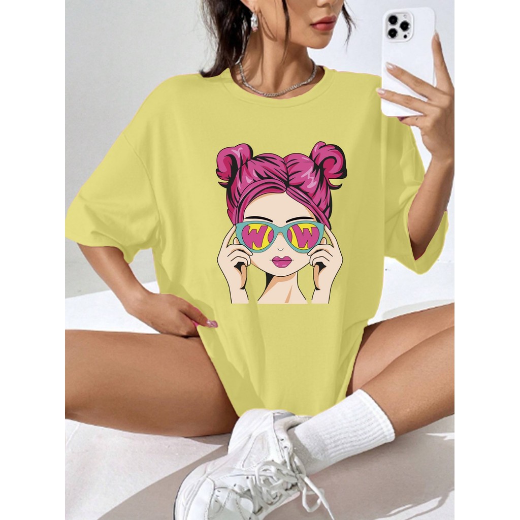 Camiseta Amarela Feminina Oversized Street Wear Estilosa Skatista Estampada Cabelo Rosa Macio Moda