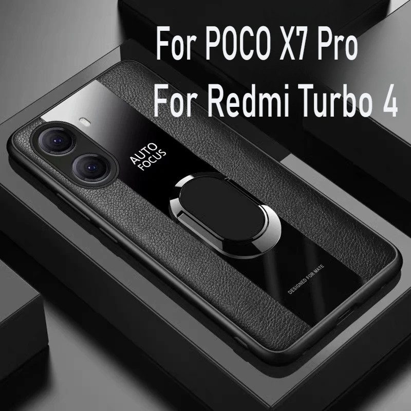 Plexiglass Capa De Telefone De Couro PU Para POCO X7 Pro X7Pro Suporte De Anel De Metal Magnético À Prova De Choque Prot