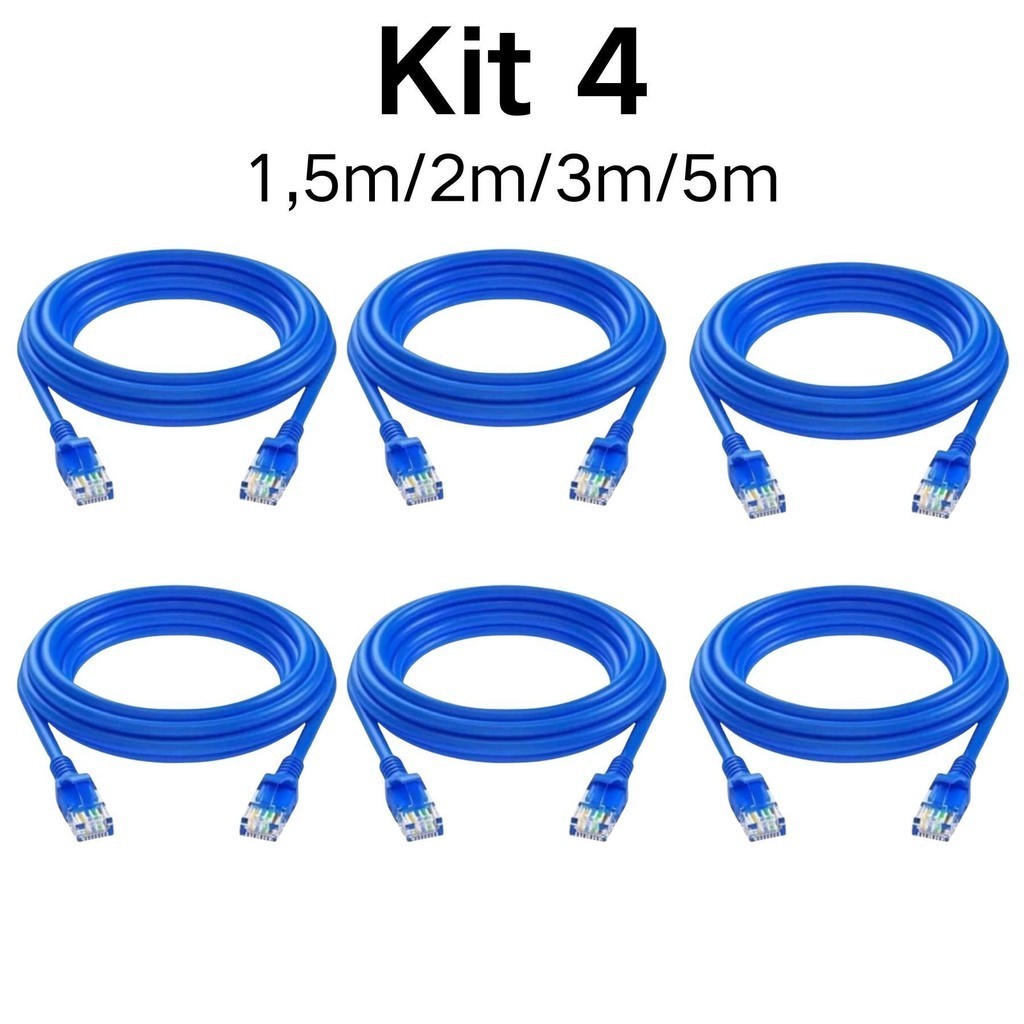 Kit 4 Cabo de rede internet Montado rj45 azul 1.5m, 2m, 3m, 5 Metros
