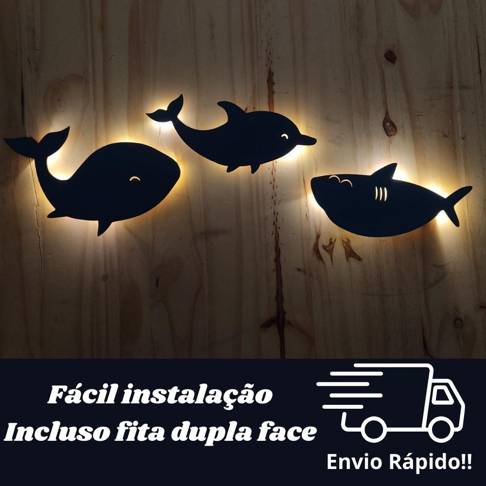 Luminária Kit Fundo Do Mar Led Abajur Decorativo Tubarão Baleia E Golfinho
