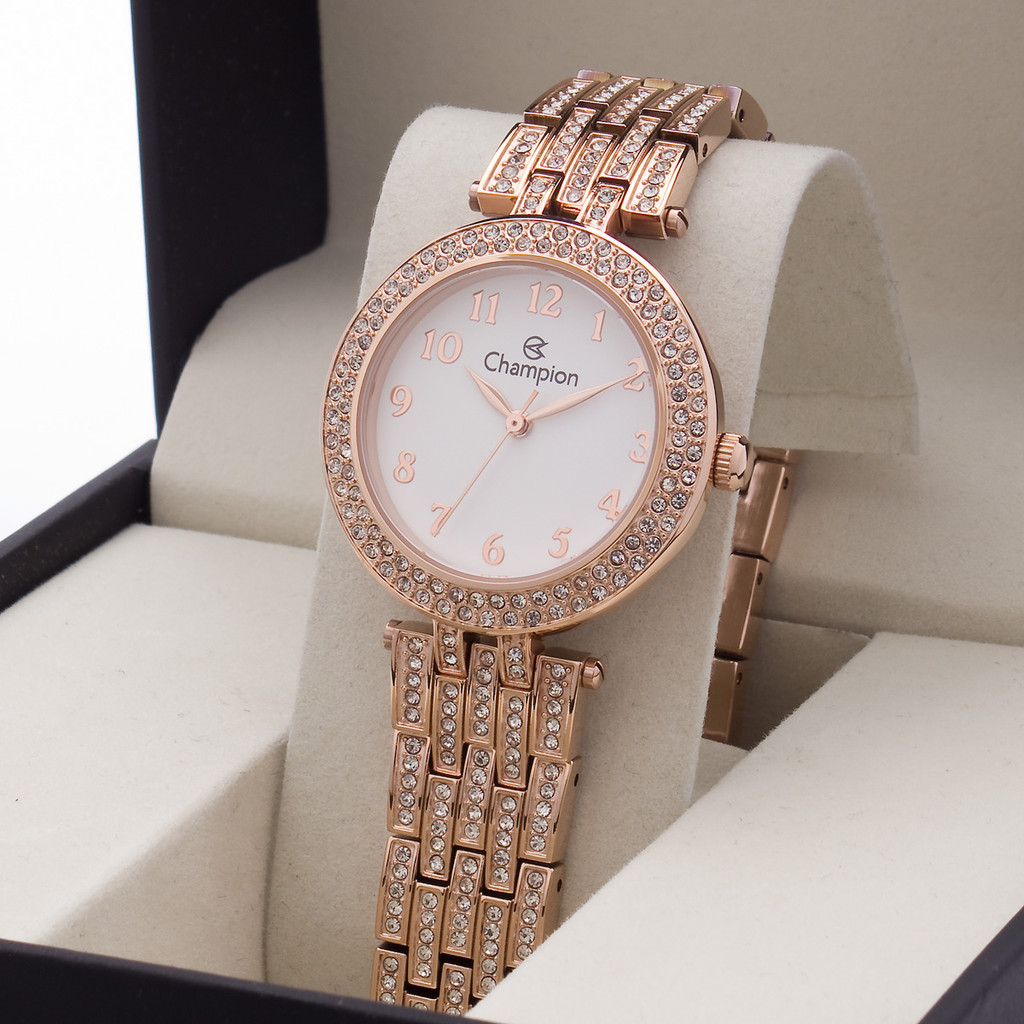 Relógio Feminino Champion Rose Gold Pedrarias Luxo Original Fundo Branco CF25152Z