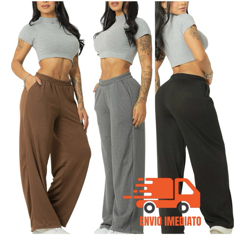 Calça Pantalona Larga Elastico Cintura Alta Bolso Calca Quentinha em Oferta na Shopee