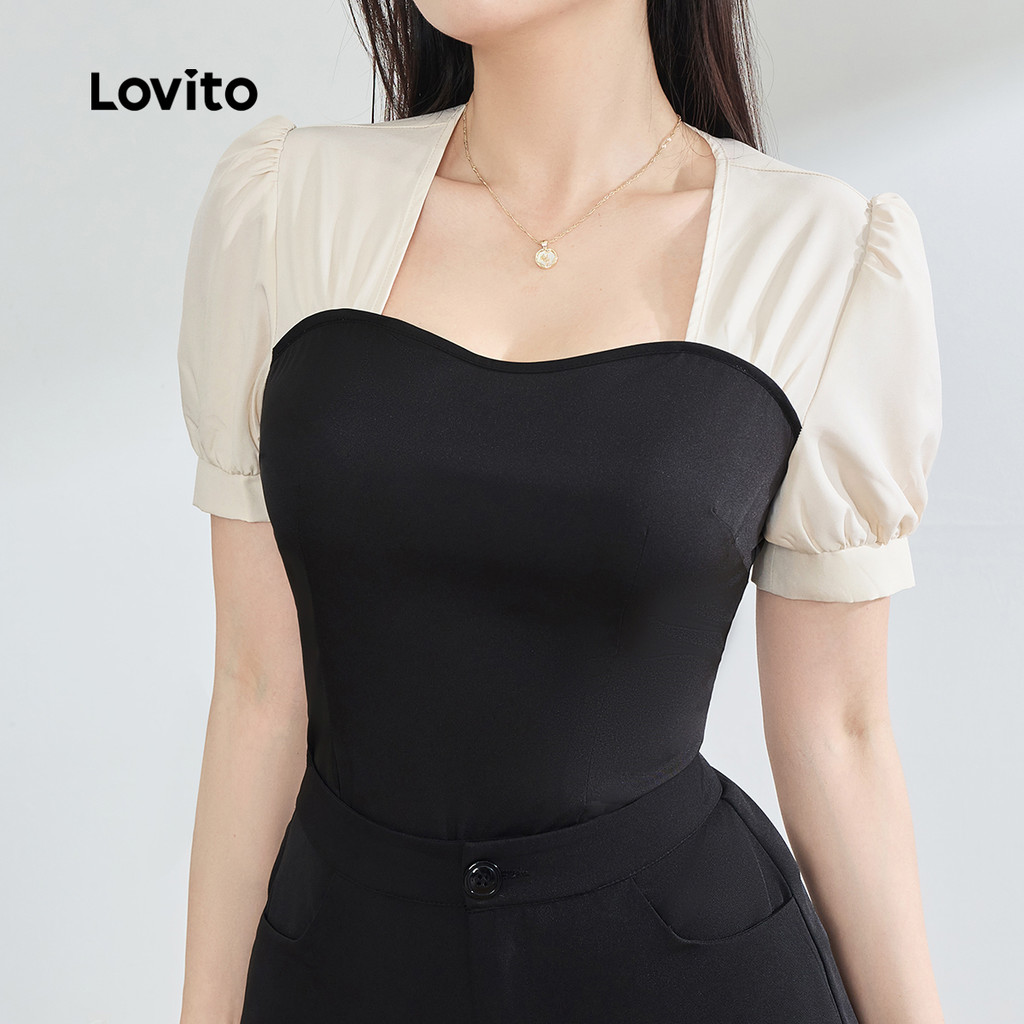 Lovito Elegante Tecido Liso Costura Redonda Primavera/Verão Blusa Preta E Branca Para Mulheres LBL25468 em Oferta na Shopee