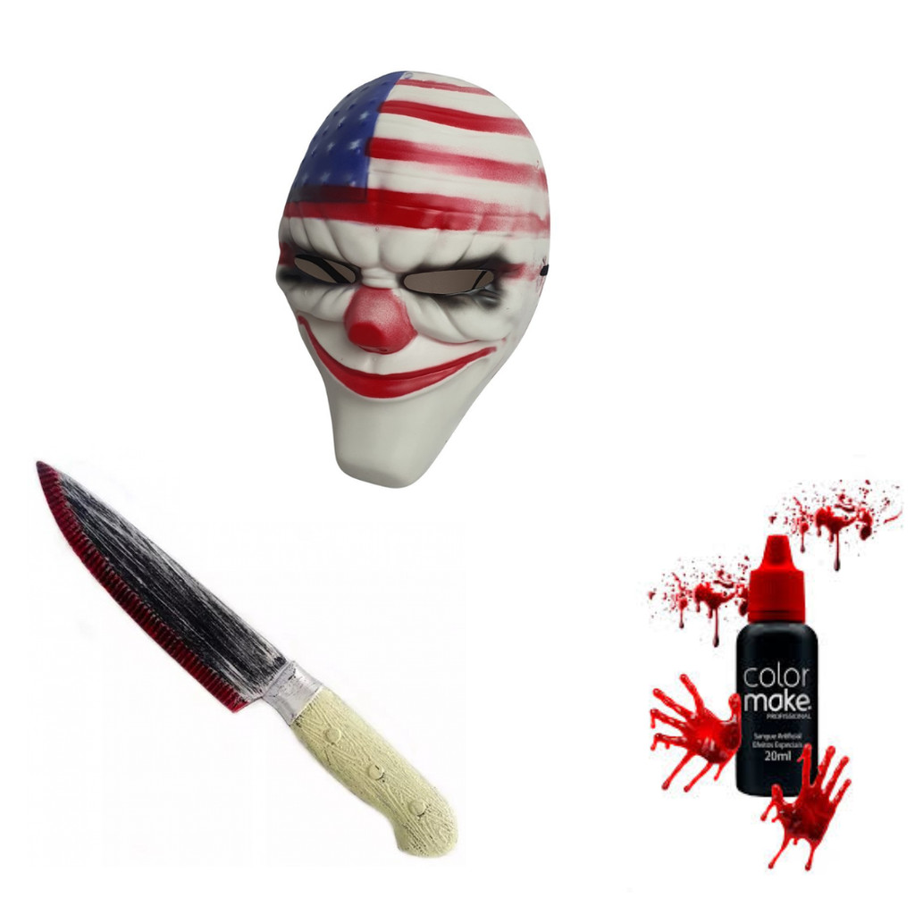 Máscara De Palhaço Halloween Para Festa Payday Video Game + faca 30 cm+sangue 20 ml
