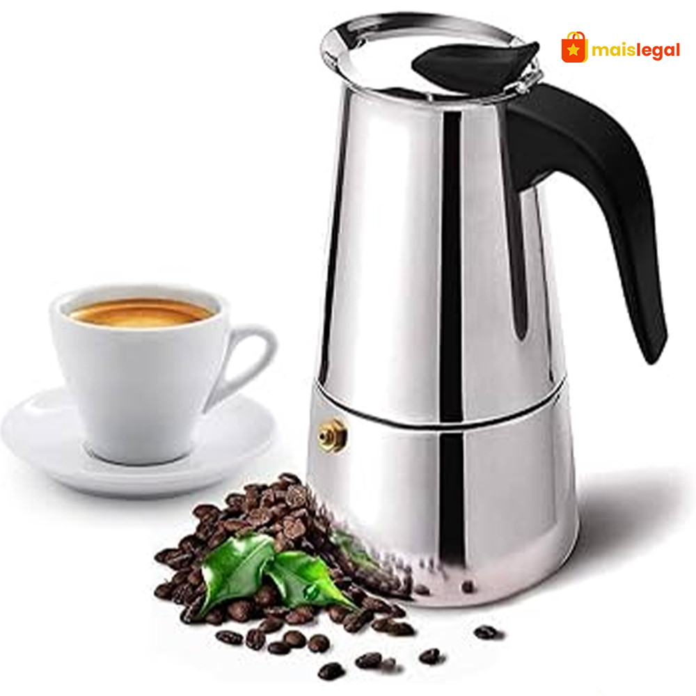 Máquina de Café Italiana Inox 9 Xícaras - Expresso e Moka 4 a 6 Xícaras para Casa e Comercial