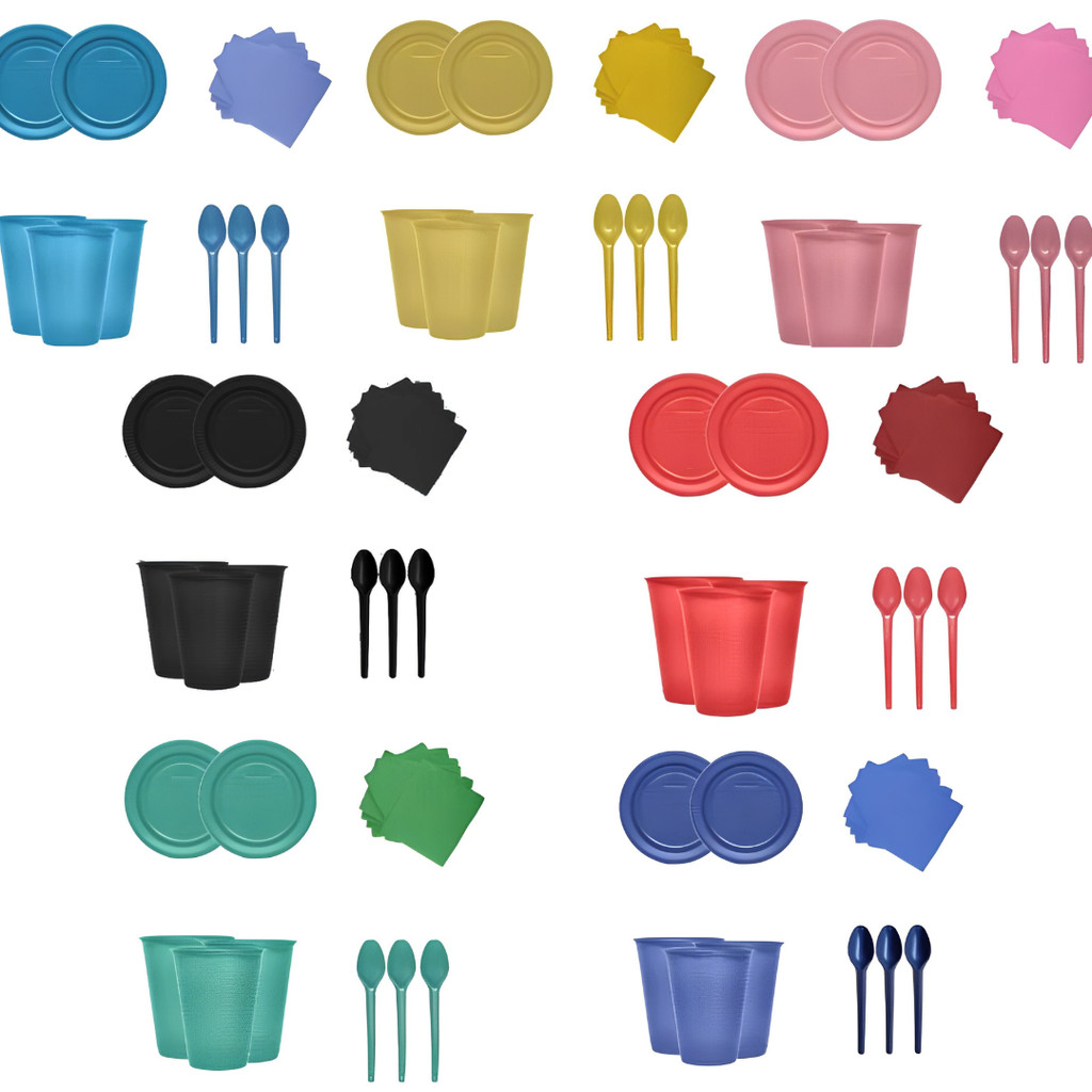 Kit 200 Peças Copo, Prato, Colher e Guardanapo Colorido Para Sobremesa - Festa de Aniversário