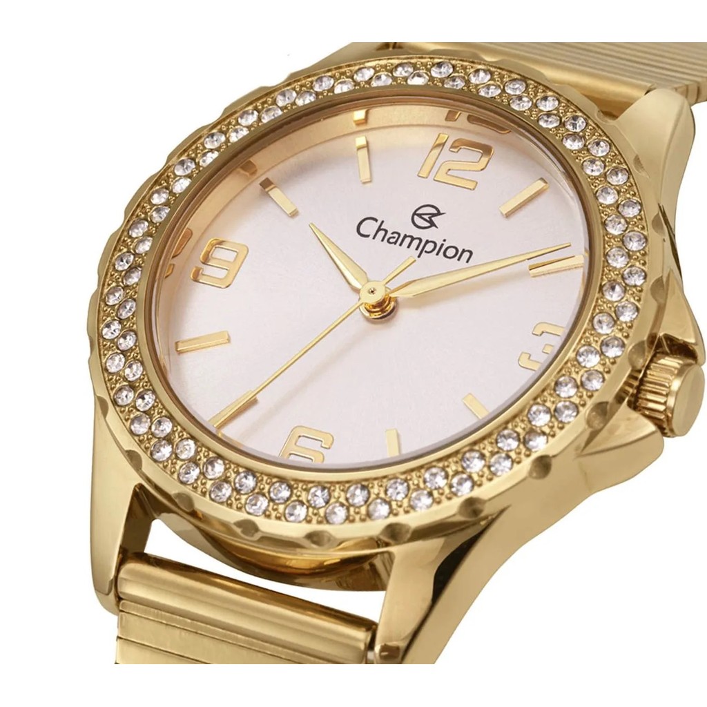 Relogio Feminino Champion Dourado Com Pedras Luxo Original CF24224H
