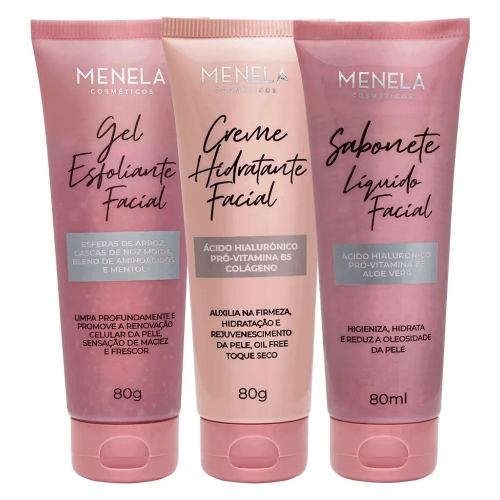 Kit Skincare Facial Menela Limpeza Profunda Esfoliante + Hidratante + Sabonete