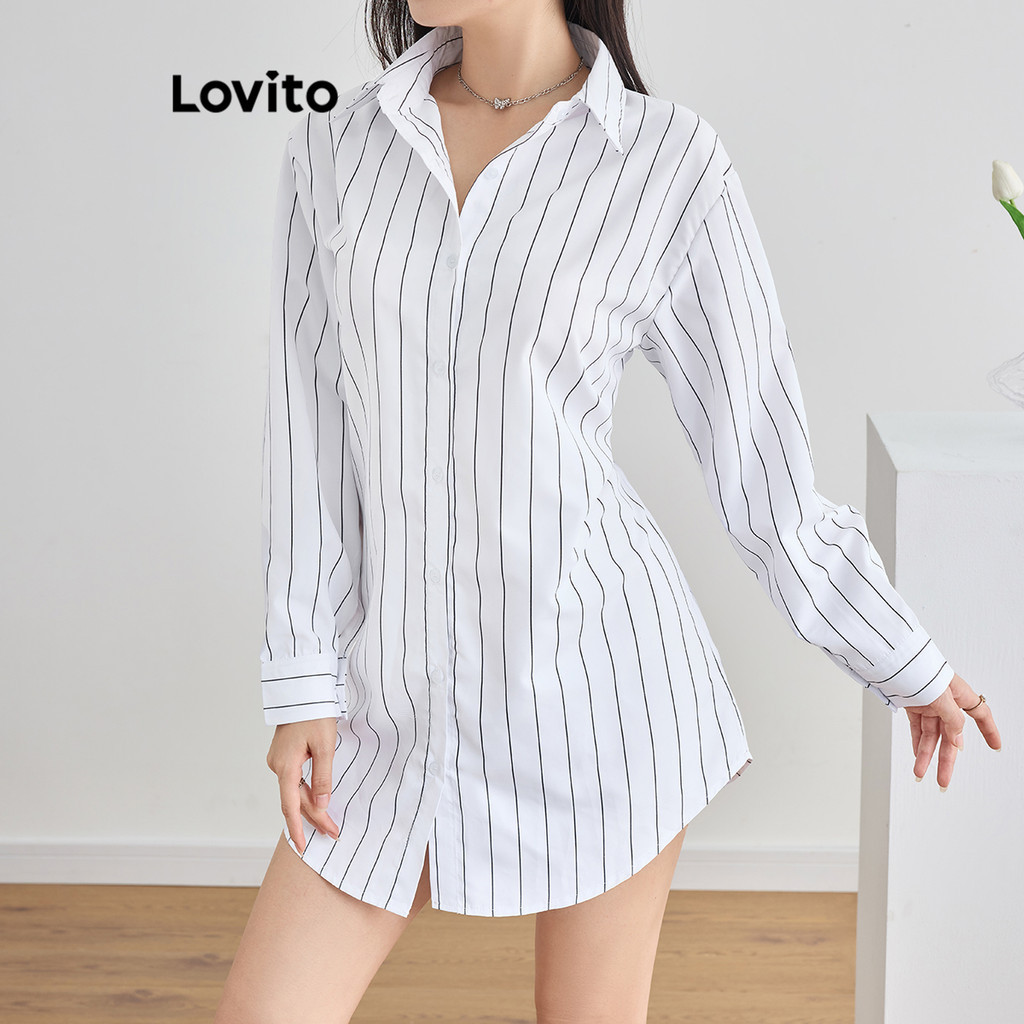 (Trendy) Lovito Vestido casual listrado com botões para mulheres L118ED247