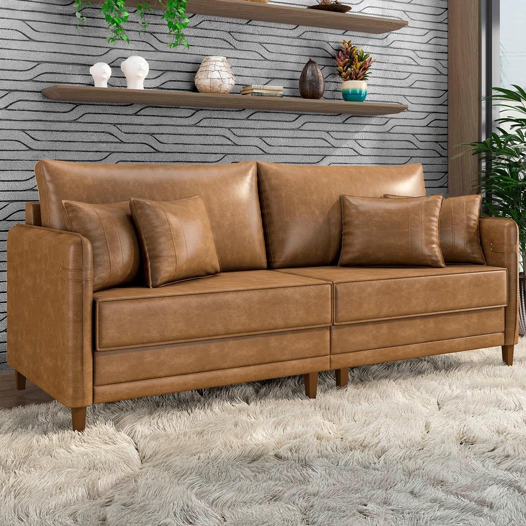 Sofá 3 Lugares Living 192cm Pé Madeira Zoe Sintético Camel Z08 - Mpozenato em Oferta na Shopee