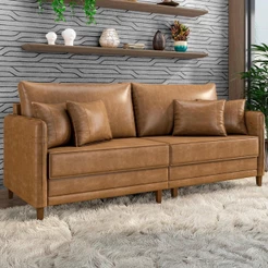 Sofá 3 Lugares Living 192cm Pé Madeira Zoe Sintético Camel Z08 - Mpozenato