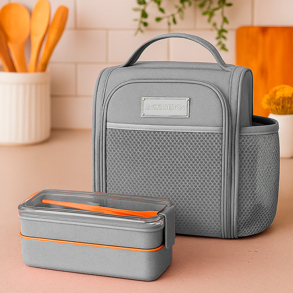 Kit Lancheira Térmica + Marmita Pote Bolsa CInza Fecho Duplo Academia Fitness Laranja Jacki design