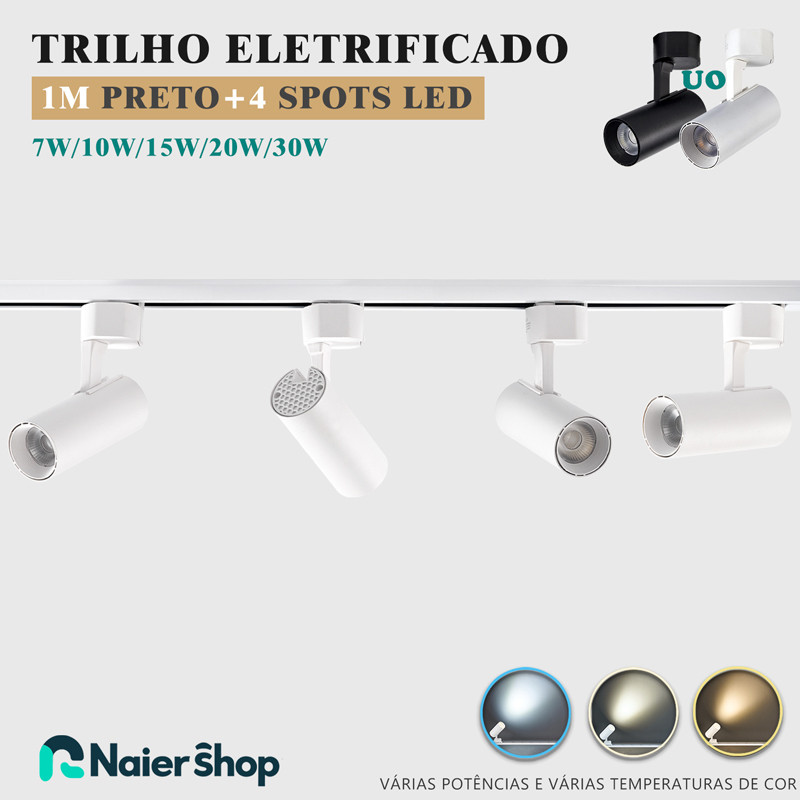 Kit Trilho Spot LED Eletrificado 1M + 4Spots Led Cor Preto Branco Bivolt 7W 10W 15W 20W 30W em Oferta na Shopee