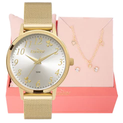 Relógio de Pulso Feminino Condor Dourado com Pulseira Mesh + Conjunto Colar e Brincos CO2035NDP/K4K Relógio De Pulso