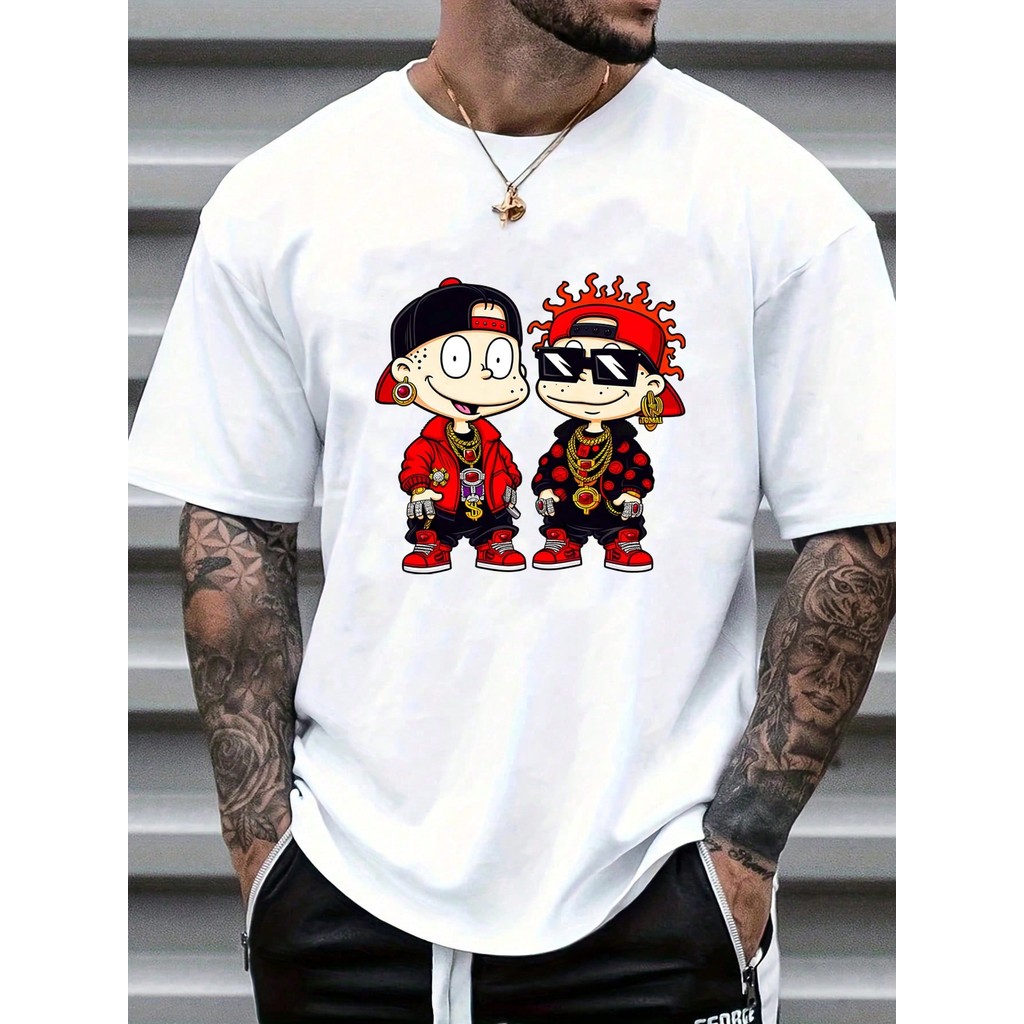 Camiseta con estampado de dibujos animados y estilo hip-hop de moda para hombres y niños