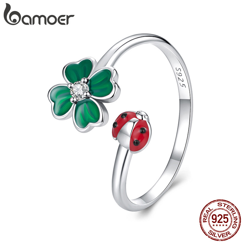 Bamoer 925 Prata Esterlina Anel Ajustável Sorte Trevo Joaninha Jóias Presente Feminino em Oferta na Shopee