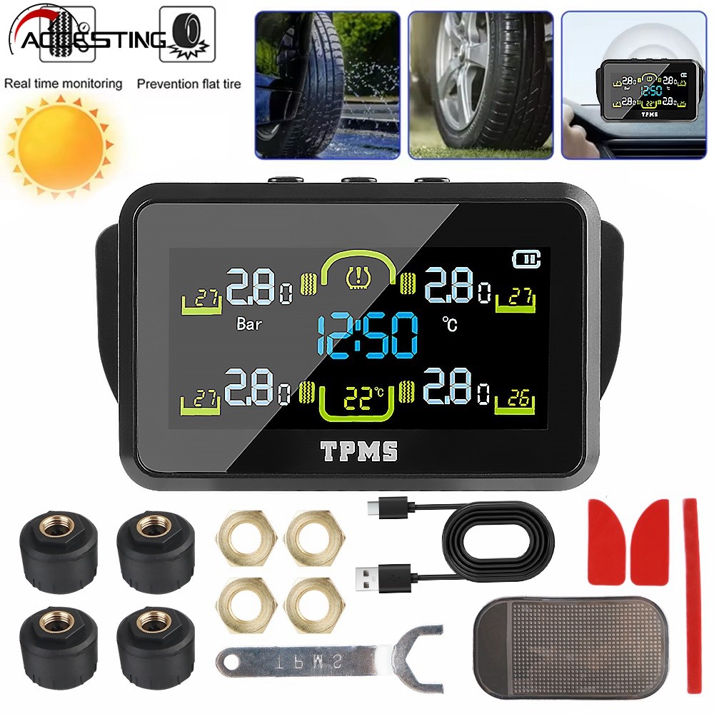 Com 4 Sensores Externos Alto-Falante T14-1 Monitor De Pressão Dos Pneus De Carro Sistema De Monitoramento Aviso De Tempe