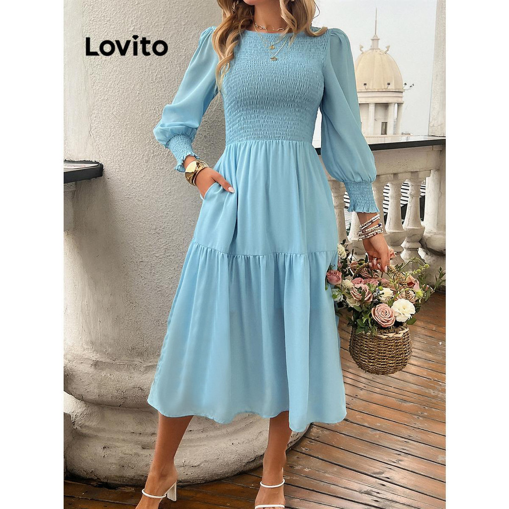 Detalhes do (KOL‘s pick) Lovito Vestido Casual Liso Com Babados Para Mulheres LNL67386