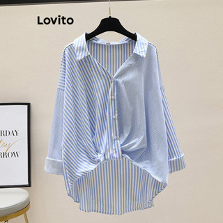 Lovito Blusa Listrada Elegante com Botões na Frente e Nó para Mulheres LNE21171 (Azul) em Oferta na Shopee