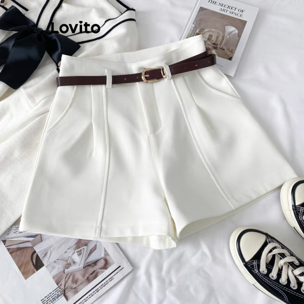 Lovito Shorts Casuais Lisos Plissados Para Mulheres LNE74448 - Women Clothes