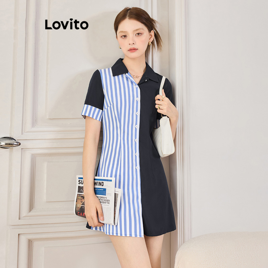 Lovito Vestido Casual Listrado Tecido Costura Colorblock Botão Vestido Para Mulheres L94AD183 - Women Clothes