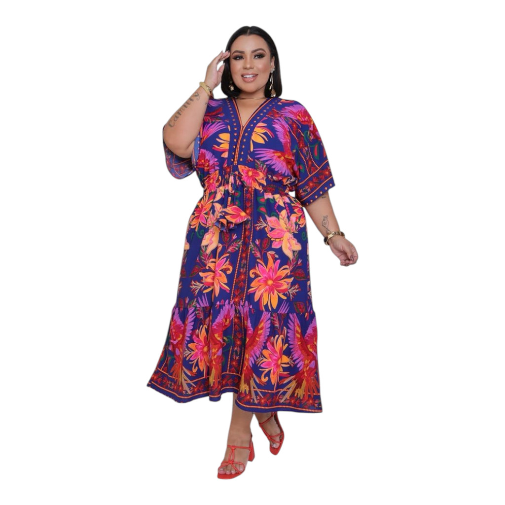 Vestido Feminino Plus Size Estampado Midi Elegante Laildes