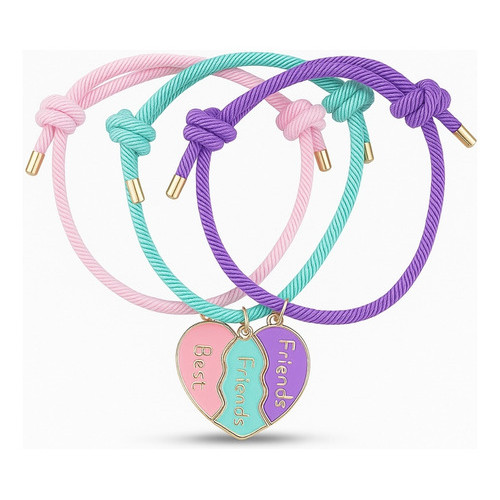 Pulseiras de Amizade Coração Magnética para Melhores Amigas Com Pingente de Coração, Ajustável, Kit 3 Unidades