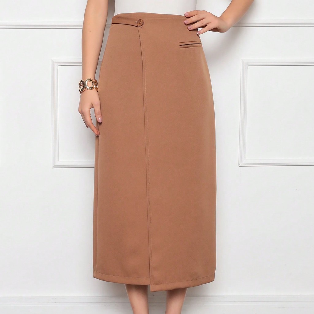 Saia Midi feminina Detalhe lateral Bolso falso ziper atrás em Oferta na Shopee