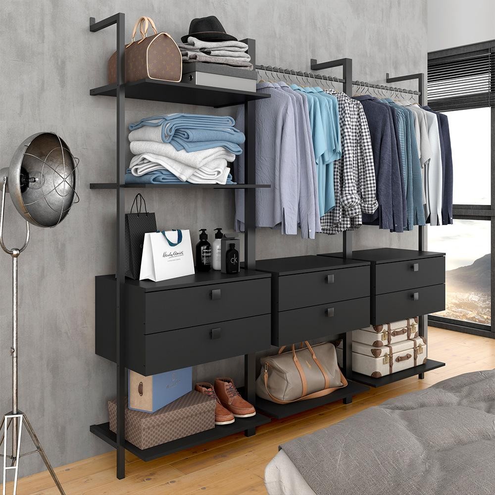 Closet Estilo Industrial Siena 6 Gav Preto Fosco - Móveis Arapongas - Home & Living