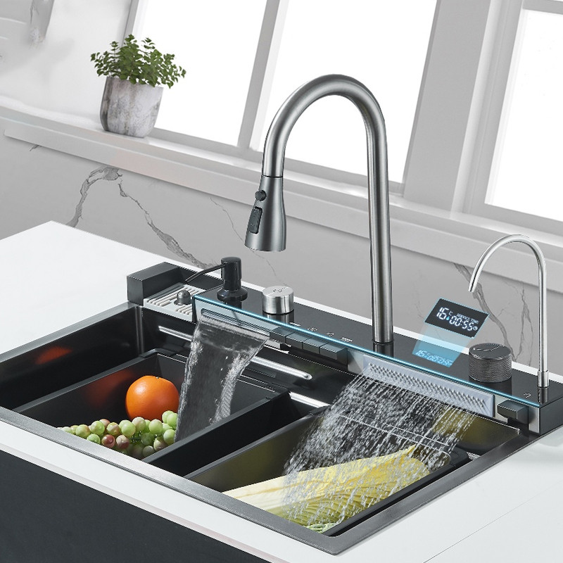 Kit gourmet Cuba Pia 75x45cm Aço Inoxidável Com Multifuncional Smart Mostra A Temperatura Da Água + Torneira monocomando
