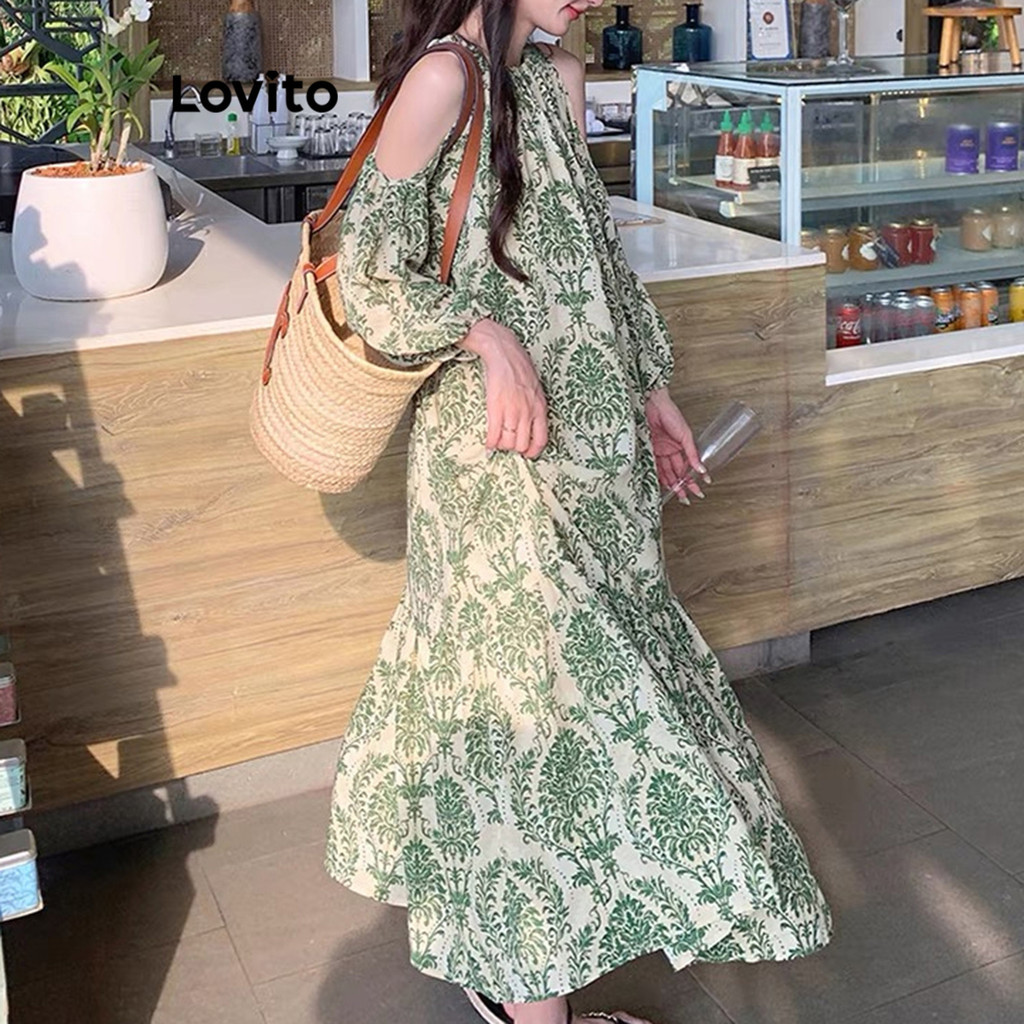 (Trendy) Lovito Vestido Elegante Ditsy Floral Com Recorte E Bainha Com Babados Para Mulheres LNE63183 - Women Clothes