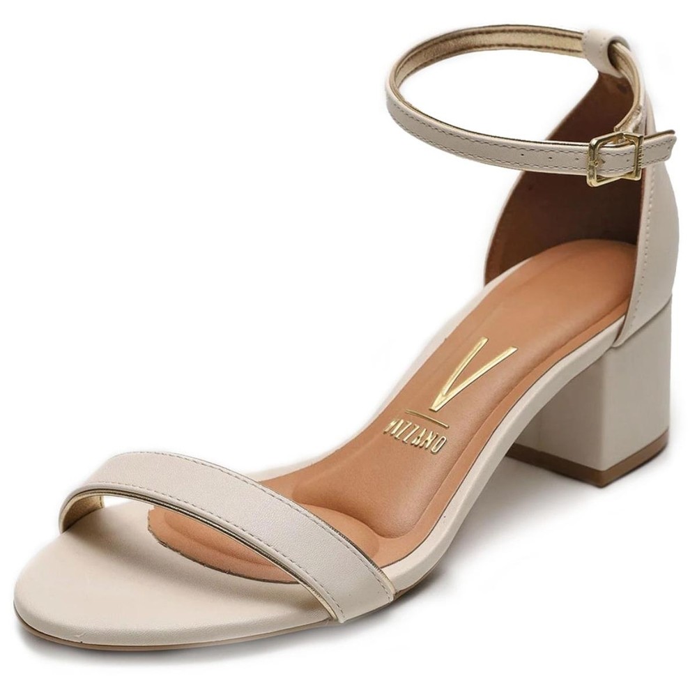Sandália Vizzano Salto Bloco Detalhe Dourado Feminina - Off White - Women Shoes
