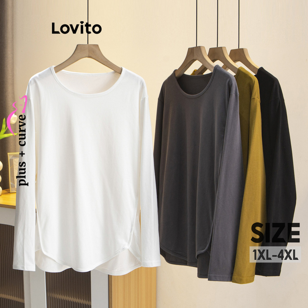 Lovito Blusa plus size curva casual com estrutura lisa para mulheres LNM71208 - Women Clothes