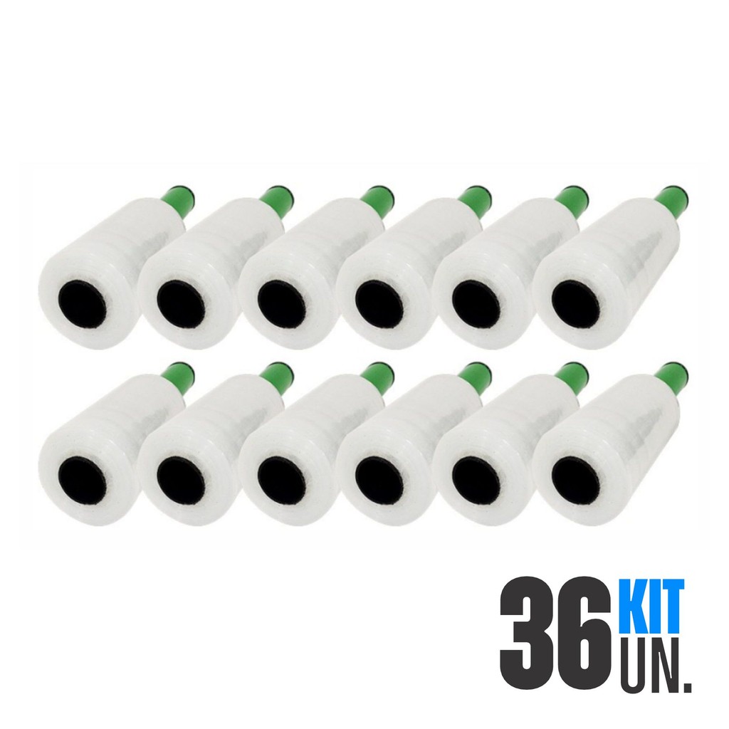 Kit 36x Rolo Filme Plástico Stretch 10cm x 120m c/ Cabo Aplicador Giratório Volante Malas Embalagens