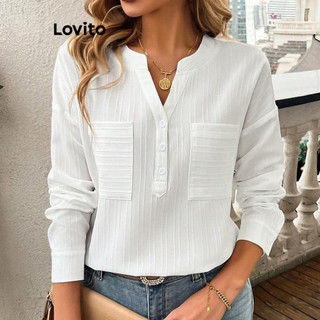 Lovito Blusa casual de bolso com botão liso para mulher n LNL404 em Oferta na Shopee