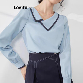 Lovito Blusa casual lisa com contraste para mulheres LNL70076 em Oferta na Shopee