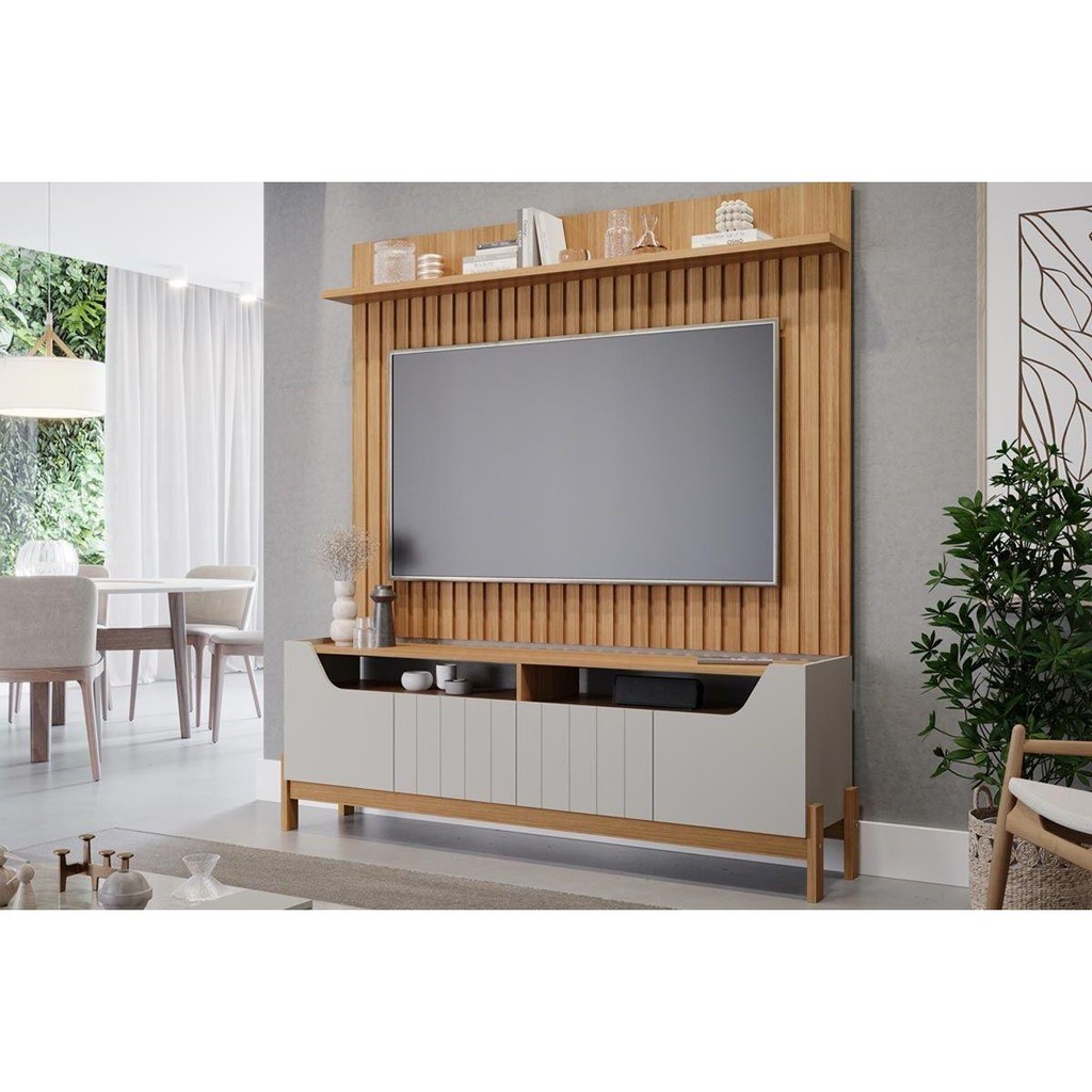 Home p/TV até 70 Pol Moema Ripado c/Pés 180x197cm Off White/Nature - Permóbili em Oferta na Shopee