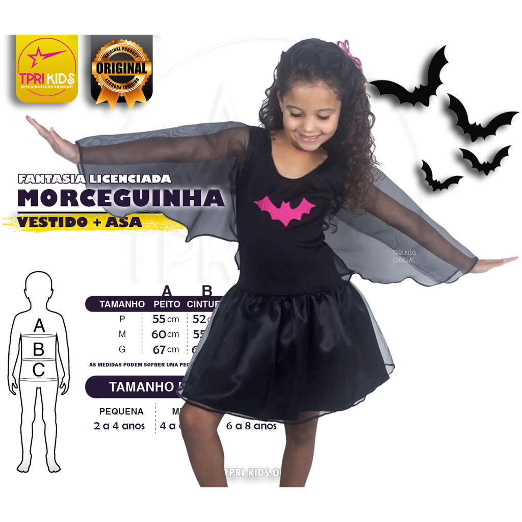 Fantasia Infantil Menina Vestido Morcega + Asa Cosplay Morceguinha Halloween Festa Temática Luxo