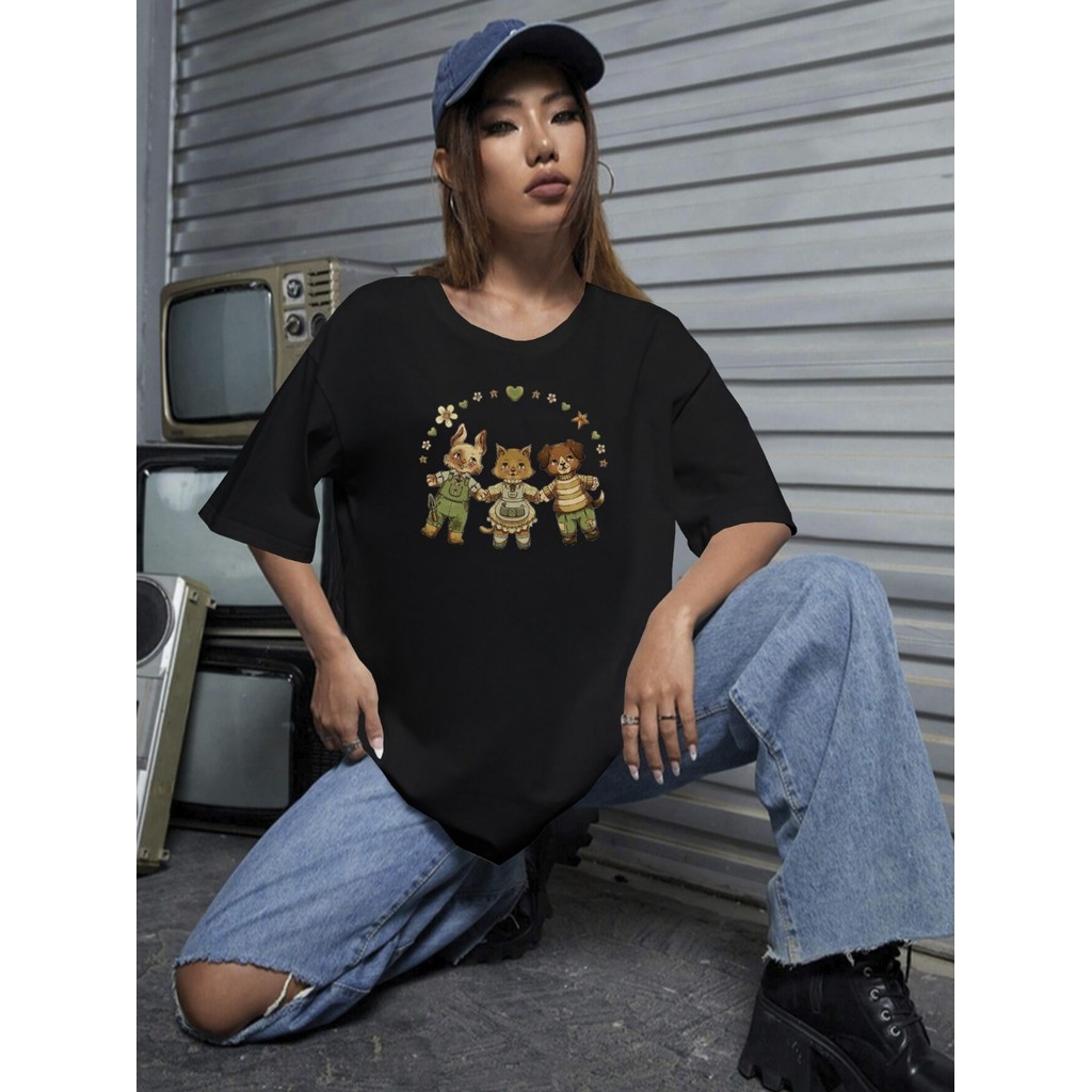Blusa Aesthetic Ursinhos Estilosa Casual Camiseta Oversized Feminina Camisa Estampada Amizade