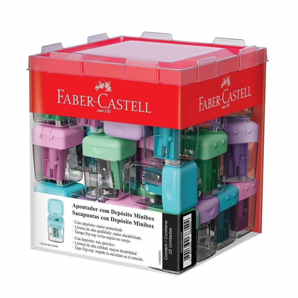 Apontador Faber Castell com Depósito Minibox Tons Pastéis - Embalagem com 25 Unidades em Oferta na Shopee