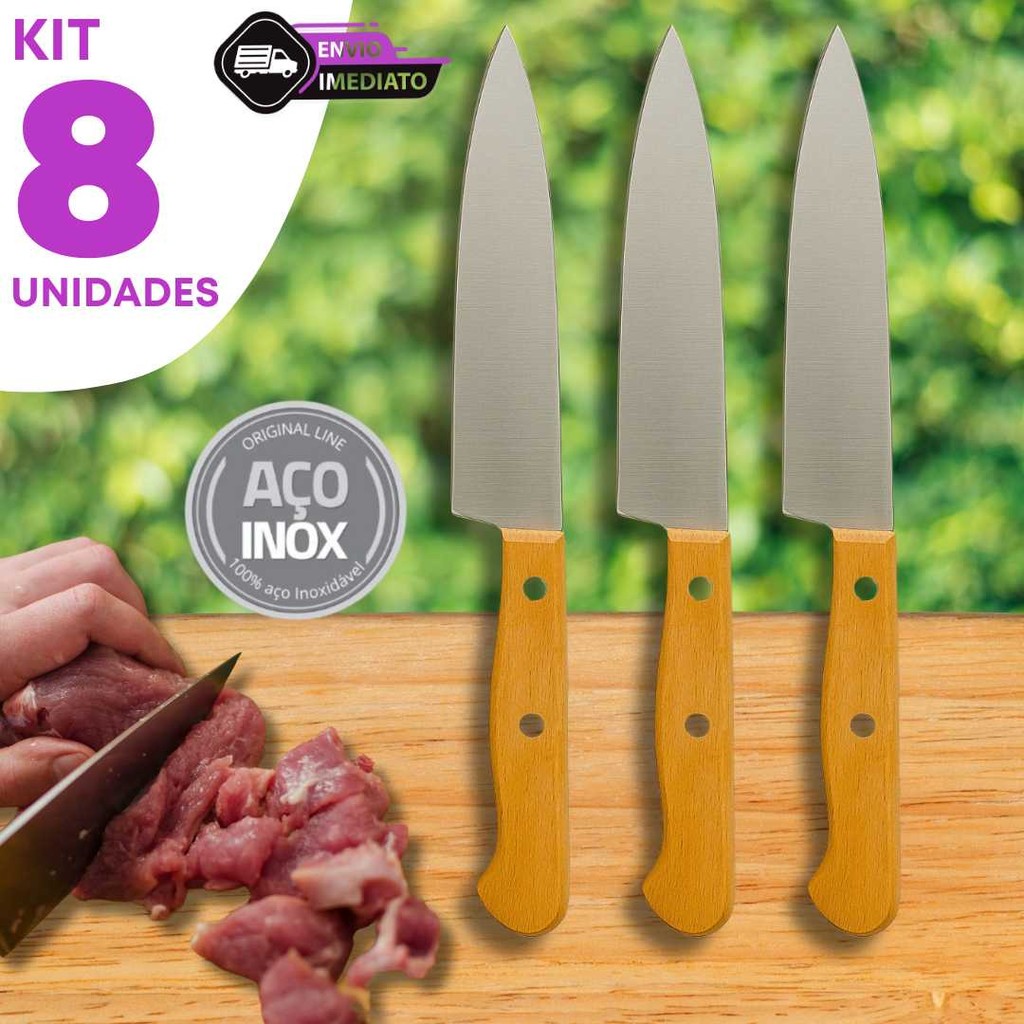Jogo 8 Facas Inox 7'' Churrasco Cozinha Profissional Restaurante Bar Carne Cabo Madeira