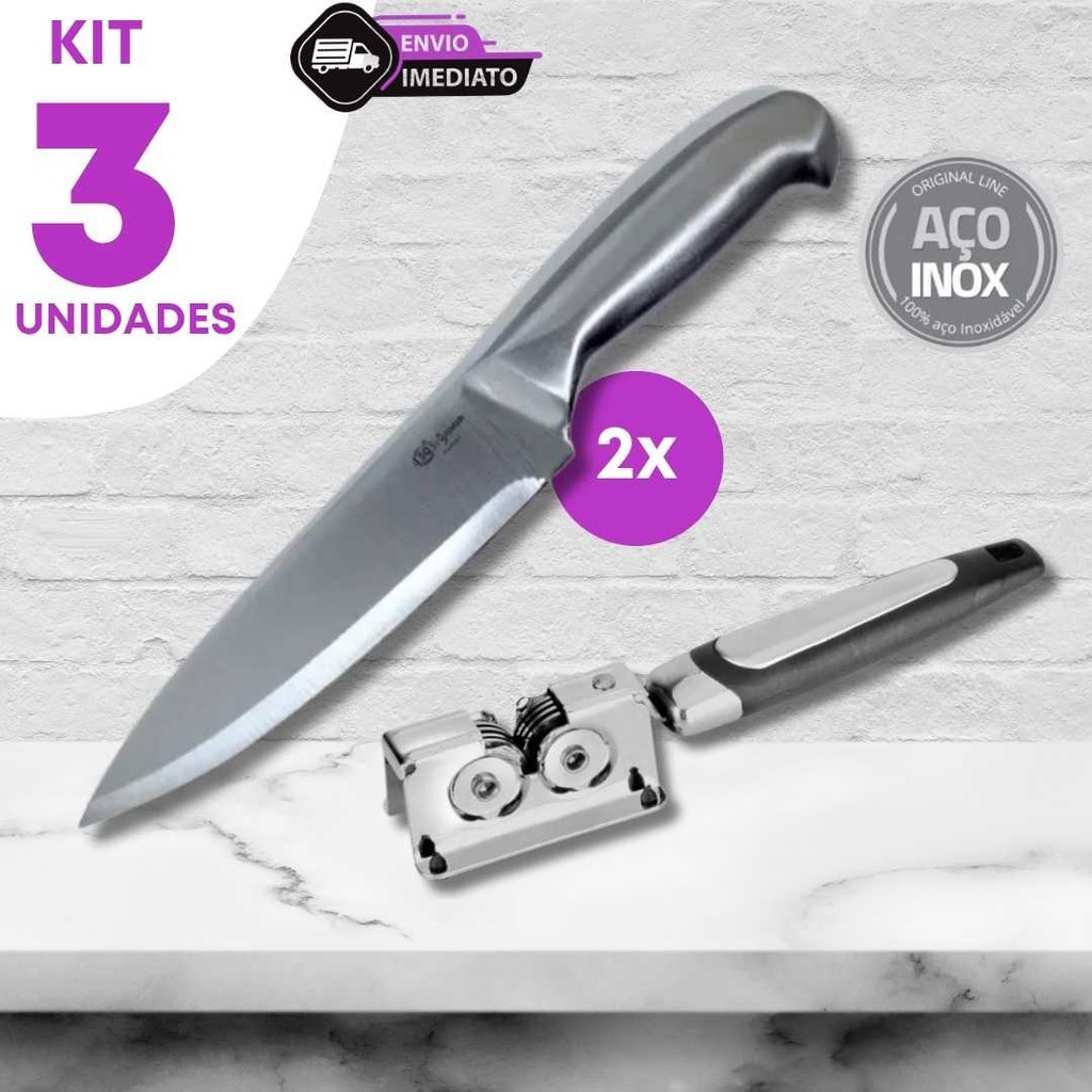 Conjunto 3 Pecas 2 Facas Inox 7" Cabo Inteiriço e 1 Afiador Corte Profissional Cozinha Churrasco Bar